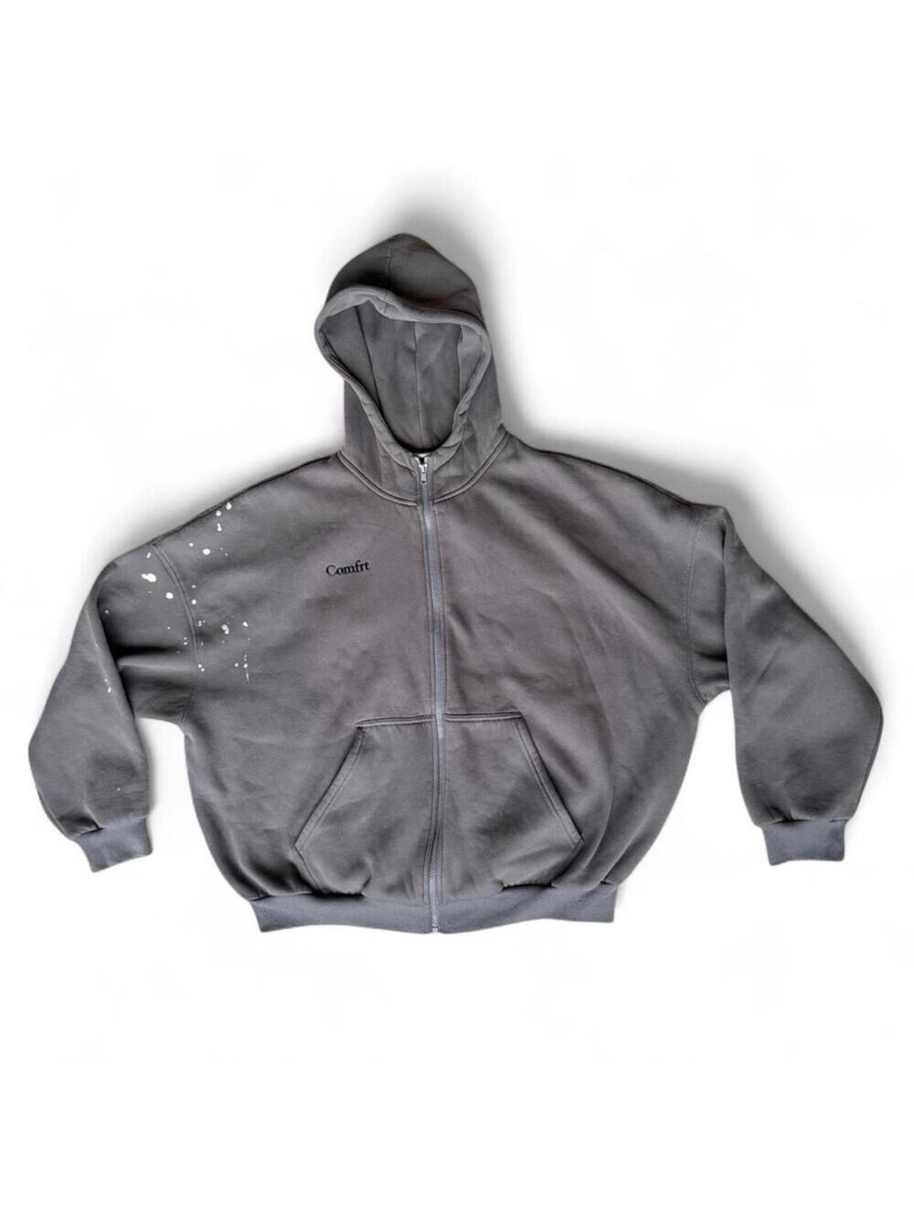Comfrt Grey zip up hoodie with white splatter M Medium